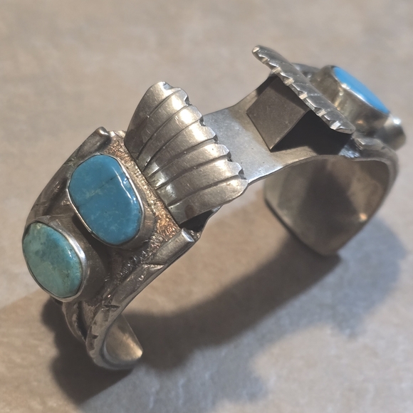 Vintage Navajo Turquoise and Silver Watch Cuff Bracelet Hand Crafted Jewelry - Picture 2 of 5